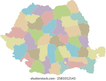 Vector regional blank map of Romania with counties or territories and administrative divisions. Editable and clearly labeled layers.