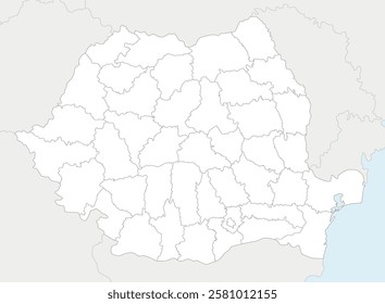 Vector regional blank map of Romania with counties and administrative divisions, and neighbouring countries and territories. Editable and clearly labeled layers.