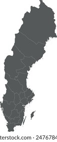 Vector regional blank map of Sweden with counties and administrative divisions. Editable and clearly labeled layers.