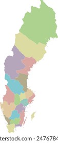 Vector regional blank map of Sweden with counties and administrative divisions. Editable and clearly labeled layers.