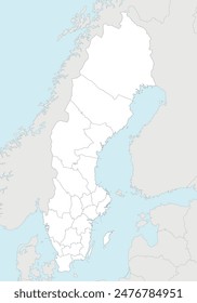 Vector regional blank map of Sweden with counties and administrative divisions, and neighbouring countries. Editable and clearly labeled layers.