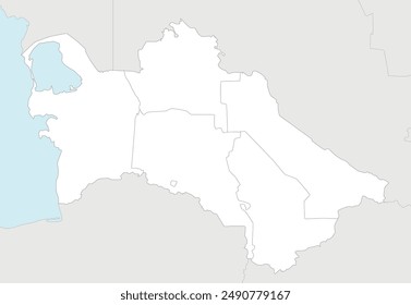 Vector regional blank map of Turkmenistan with provinces, capital city district and administrative divisions, and neighbouring countries and territories. Editable and clearly labeled layers.