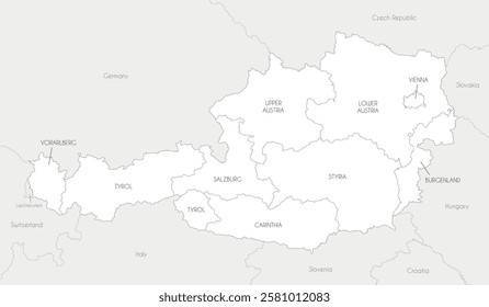 Vector regional map of Austria with federal states and administrative divisions, and neighbouring countries and territories. Editable and clearly labeled layers.