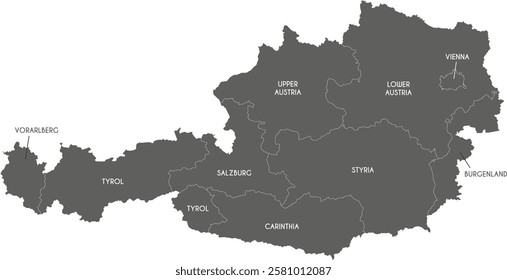 Vector regional map of Austria with federal states and administrative divisions. Editable and clearly labeled layers.