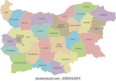 Vector regional map of Bulgaria with provinces or territories and administrative divisions. Editable and clearly labeled layers.