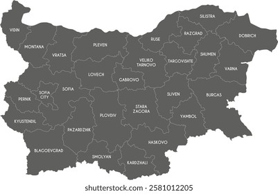 Vector regional map of Bulgaria with provinces or territories and administrative divisions. Editable and clearly labeled layers.