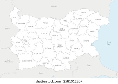 Vector regional map of Bulgaria with provinces and administrative divisions, and neighbouring countries and territories. Editable and clearly labeled layers.