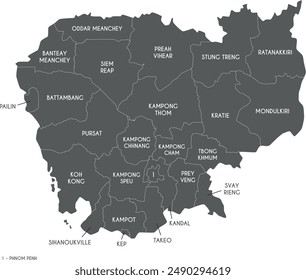 Vector regional map of Cambodia with provinces and administrative divisions. Editable and clearly labeled layers.