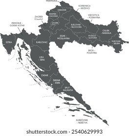 Mapa regional Vector de Croacia con condados, ciudad capital y divisiones administrativas. Capas editables y claramente etiquetadas.