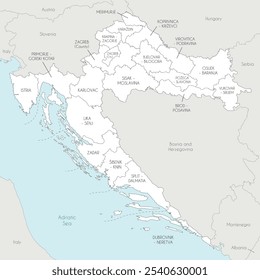 Mapa regional de Vector de Croacia con condados, ciudades capitales y divisiones administrativas, y países y territorios vecinos. Capas editables y claramente etiquetadas.