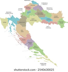 Mapa regional vetorial da Croácia com condados, capital e divisões administrativas. Camadas editáveis e claramente rotuladas.