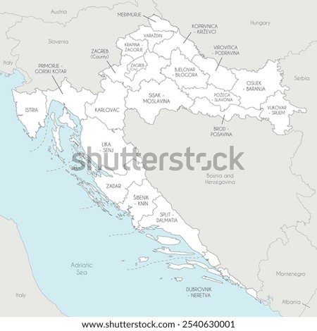 Vector regional map of Croatia with counties, capital city and administrative divisions, and neighbouring countries and territories. Editable and clearly labeled layers.