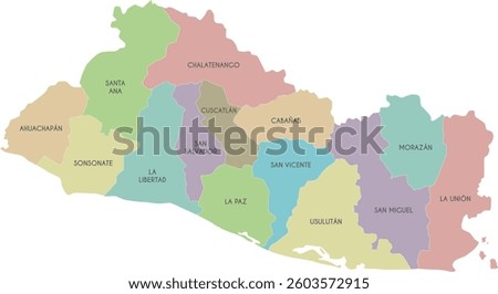 Vector regional map of El Salvador with departments or territories and administrative divisions. Editable and clearly labeled layers.