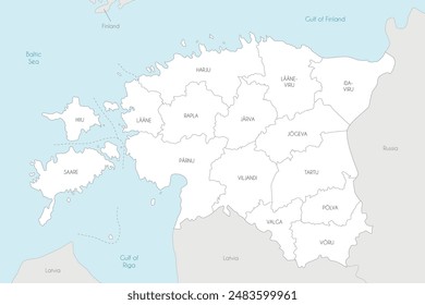 Vector regional map of Estonia with counties and administrative divisions, and neighbouring countries and territories. Editable and clearly labeled layers.