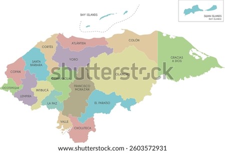 Vector regional map of Honduras with departments or territories and administrative divisions. Editable and clearly labeled layers.
