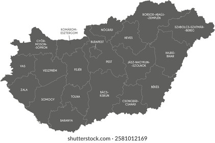 Vector regional map of Hungary with counties or territories and administrative divisions. Editable and clearly labeled layers.