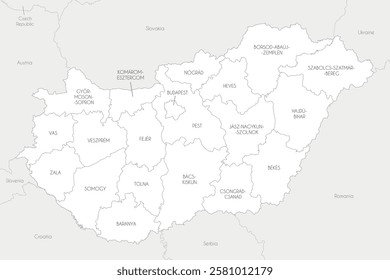 Vector regional map of Hungary with counties and administrative divisions, and neighbouring countries and territories. Editable and clearly labeled layers.