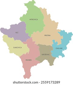 Vector regional map of Kosovo with districts and administrative divisions. Editable and clearly labeled layers.