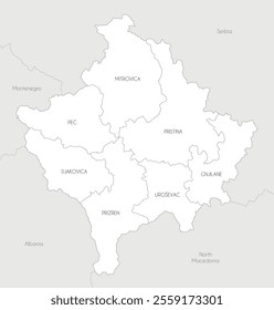 Vector regional map of Kosovo with districts and administrative divisions, and neighbouring countries and territories. Editable and clearly labeled layers.