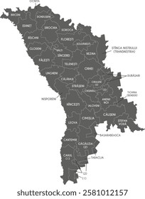 Vector regional map of Moldova with administrative divisions in districts, municipalities and autonomous territorial units. Editable and clearly labeled layers.