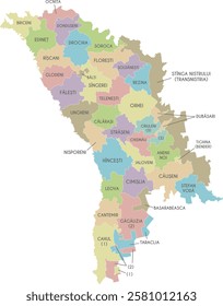 Vector regional map of Moldova with administrative divisions in districts, municipalities and autonomous territorial units. Editable and clearly labeled layers.