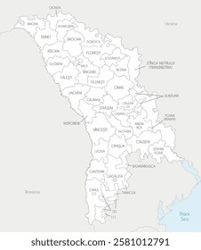 Vector regional map of Moldova with administrative divisions in districts, municipalities and autonomous territorial units, and neighbouring countries and territories. Editable and labeled layers.