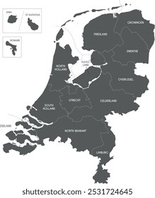 Vector regional map of Netherlands with provinces, Caribbean special municipalities and administrative divisions. Editable and clearly labeled layers.