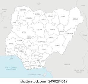 Vector regional map of Nigeria with states and administrative divisions, and neighbouring countries and territories. Editable and clearly labeled layers.