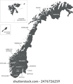 Vector regional map of Norway with counties and territories, and administrative divisions. Editable and clearly labeled layers.