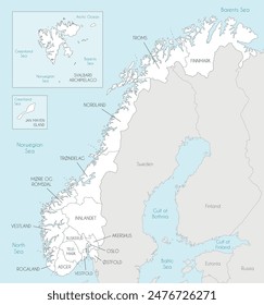 Vector regional map of Norway with counties and territories, and neighbouring countries. Editable and clearly labeled layers.