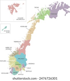 Vector regional map of Norway with counties and territories, and administrative divisions. Editable and clearly labeled layers.