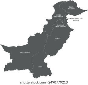 Vector regional map of Pakistan with provinces and territories and administrative divisions. Editable and clearly labeled layers.