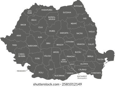 Vector regional map of Romania with counties or territories and administrative divisions. Editable and clearly labeled layers.