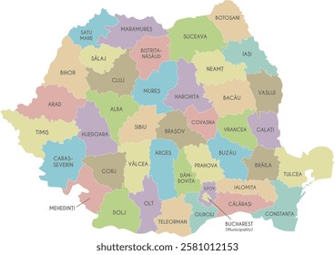 Vector regional map of Romania with counties or territories and administrative divisions. Editable and clearly labeled layers.