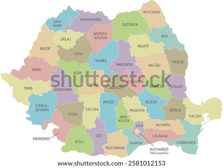 Vector regional map of Romania with counties or territories and administrative divisions. Editable and clearly labeled layers.