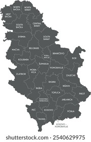 Mapa regional Vector de Serbia con distritos o territorios y divisiones administrativas. Capas editables y claramente etiquetadas.