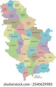 Mapa regional Vector de Serbia con distritos o territorios y divisiones administrativas. Capas editables y claramente etiquetadas.