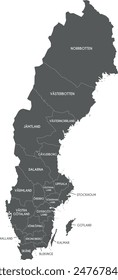 Vector regional map of Sweden with counties and administrative divisions. Editable and clearly labeled layers.