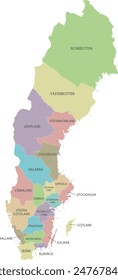 Vector regional map of Sweden with counties and administrative divisions. Editable and clearly labeled layers.