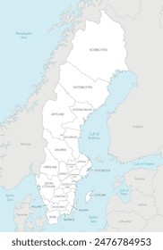 Mapa regional de Vector de Suecia con condados y divisiones administrativas, y países vecinos. Capas editables y claramente etiquetadas.