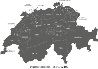 Vector regional map of Switzerland with cantons or territories and administrative divisions. Editable and clearly labeled layers.