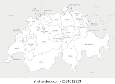 Vector regional map of Switzerland with cantons and administrative divisions, and neighbouring countries and territories. Editable and clearly labeled layers.