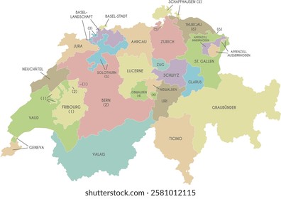 Vector regional map of Switzerland with cantons or territories and administrative divisions. Editable and clearly labeled layers.