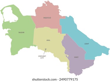 Vector regional map of Turkmenistan with provinces, capital city district and administrative divisions. Editable and clearly labeled layers.