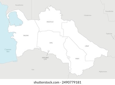 Vector regional map of Turkmenistan with provinces, capital city district and administrative divisions, and neighbouring countries and territories. Editable and clearly labeled layers.