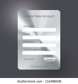 Vector registration form with polished metal texture. "Create new account" web form. Register form