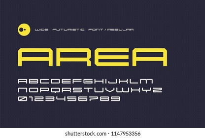 Vector regular futuristic display font, modern wide typeface, uppercase letters and numbers, alphabet. Global swatches.