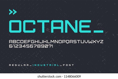 Vector Regular Industrial Style Display Font, Modern Blocky Typeface, Futuristic Uppercase Letters And Numbers, Alphabet. Global Swatches.