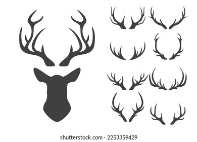 Vector Reindeer Horns, Antlers. Deer Silhouettes. Hand Drawn Deer Horn, Antler, Head Set. Animal Antler Collection. Design Elements, Wildlife Hunters, Hipster, Christmas and New Year concept