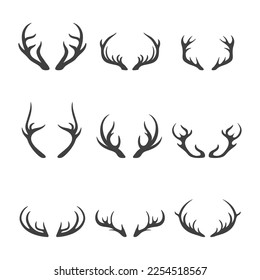 Vector Reindeer Horns, Antlers. Deer Horn Silhouettes. Hand Drawn Deers Horn, Antler Set. Animal Antler Collection. Design Elements of Deer. Wildlife Hunters, Hipster, Christmas and New Year concept